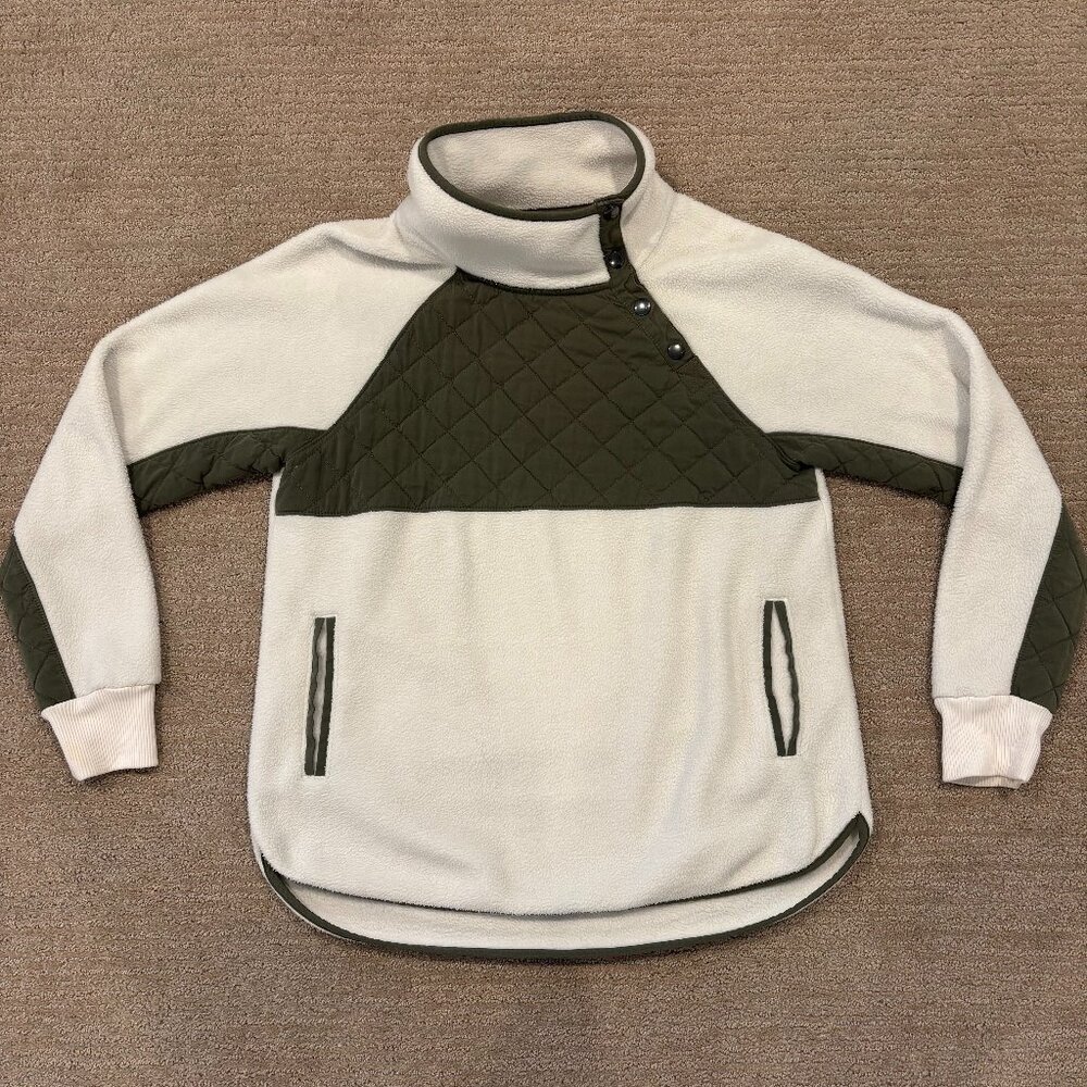 Abercrombie Fitch Womens M Asymmetric Snap Quilted Fleece Pullover -White/Olive